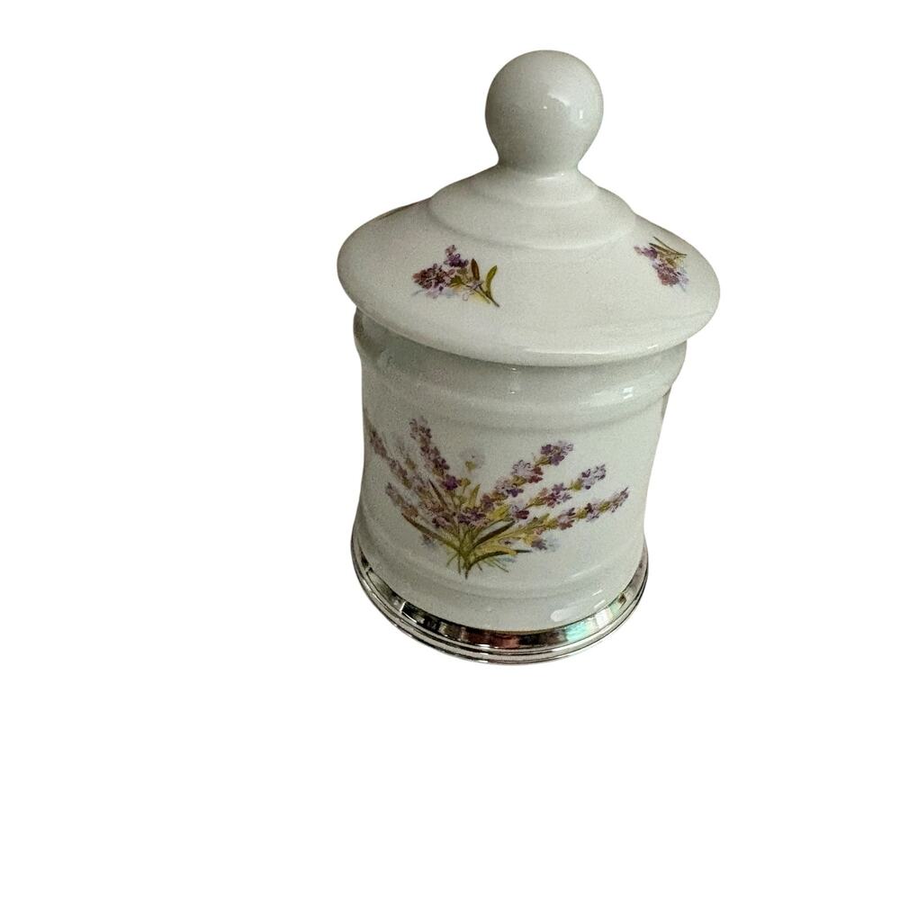 LIMOGES White Lavender Ceramic Storage Lidded Jar Silver Base VTG Made in France